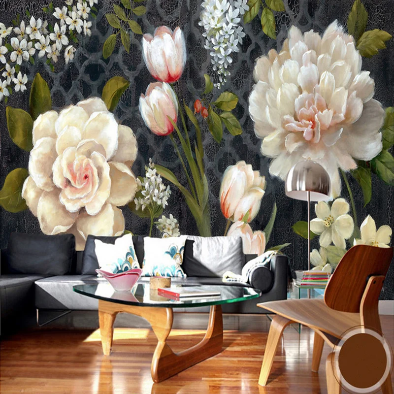 European-Style-Retro-Flowers-Mural-Wallpaper-3D-Tulips-Rose-Peony-Painting-Fresco-Living-Room-Bedroom-Dining (2)