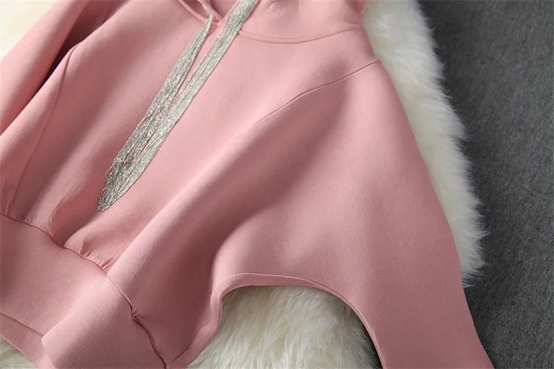 High Street Fashion Female Casual Two Piece Skirt Set Women Fashion Fall Winter Outfits Beading Hooded Top and Pencil Skirt Suit
