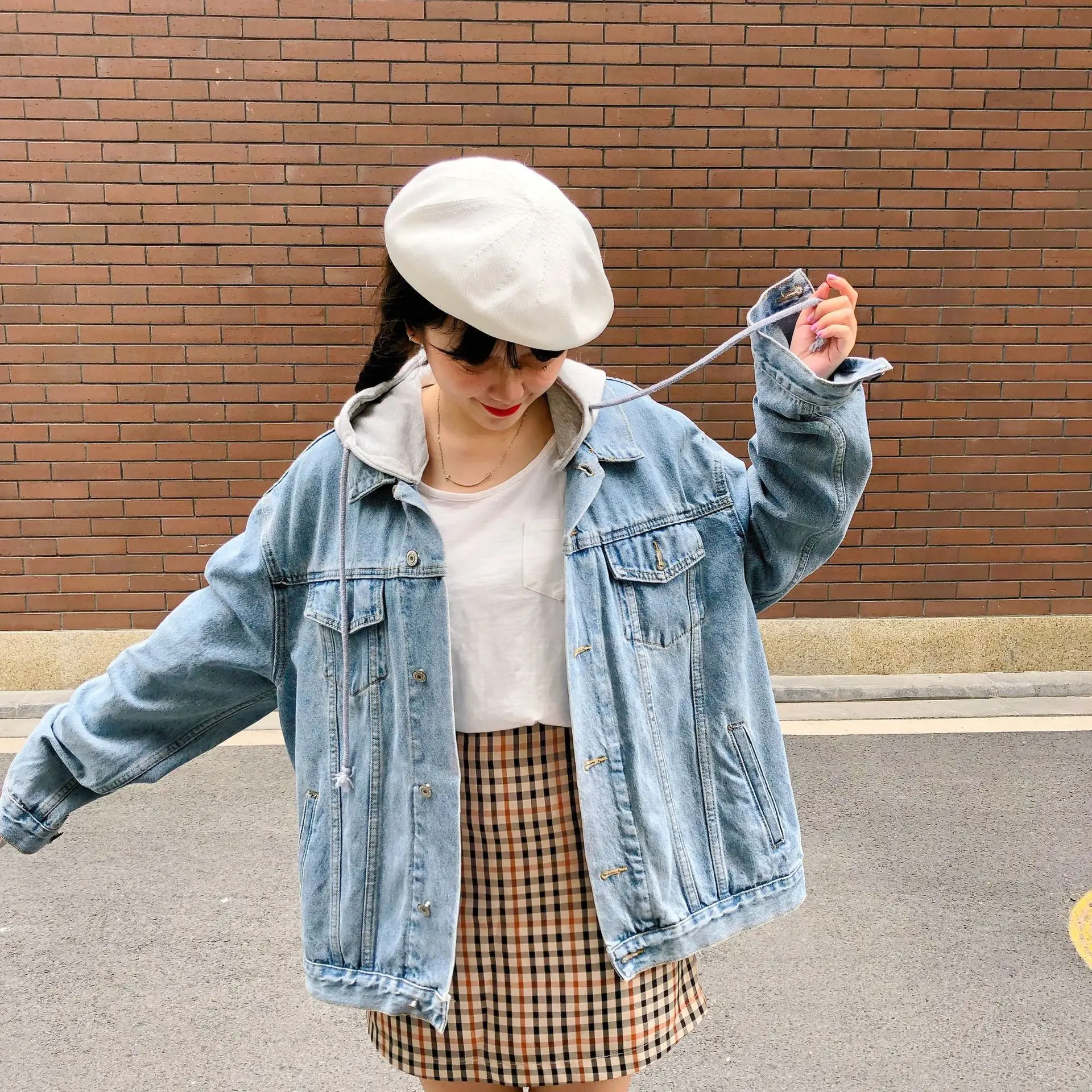 

[Unique] 2019 Autumn Jeans Coat Women's Korean-style BF Style Loose Tops Solid Color Versatile Hooded Street Jacket
