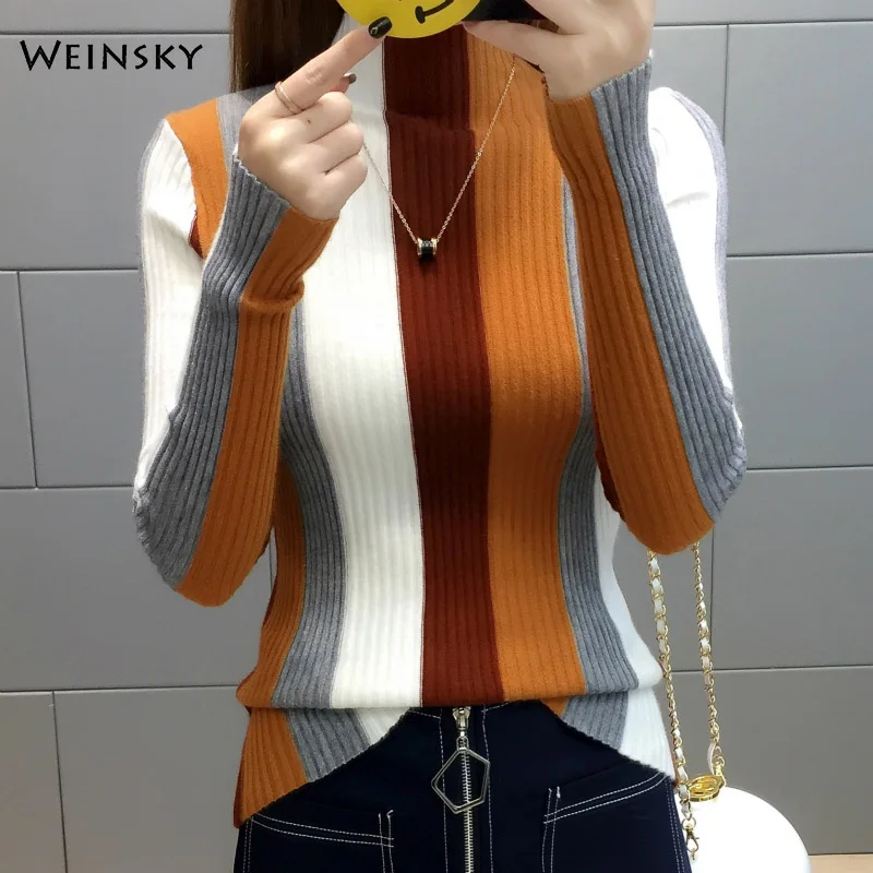 

Women Knitted Jumper Sweater And Pullovers Korean Fashion Style Rainbow Turtleneck Sweaters 2019 Autumn And Winter New Tops