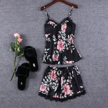 

Korean new spring autumn goddess pajamas women's ice silk printing two piece set open back suspender shorts home clothes summer