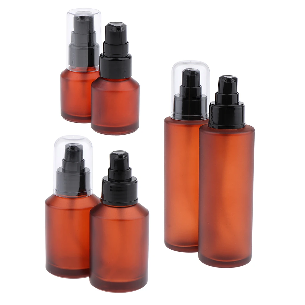 6pcs Empty Pump Bottle Refillable Amber Glass Lotions Bottle 100ml/60ml/15ml Empty Pump Dispenser Bottle