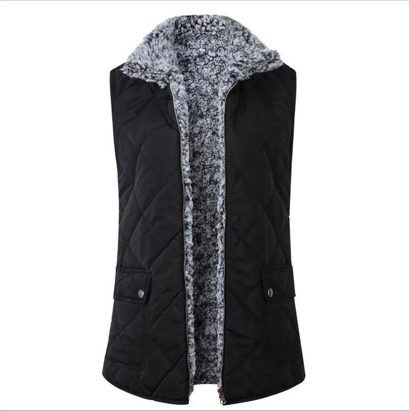Women Vests Casual Plush Teddy Outwear Sleeveless Vest Jacket Chaleco Mujer Autumn Winter Pocket Coat Colete Feminino Outwear - Цвет: Черный