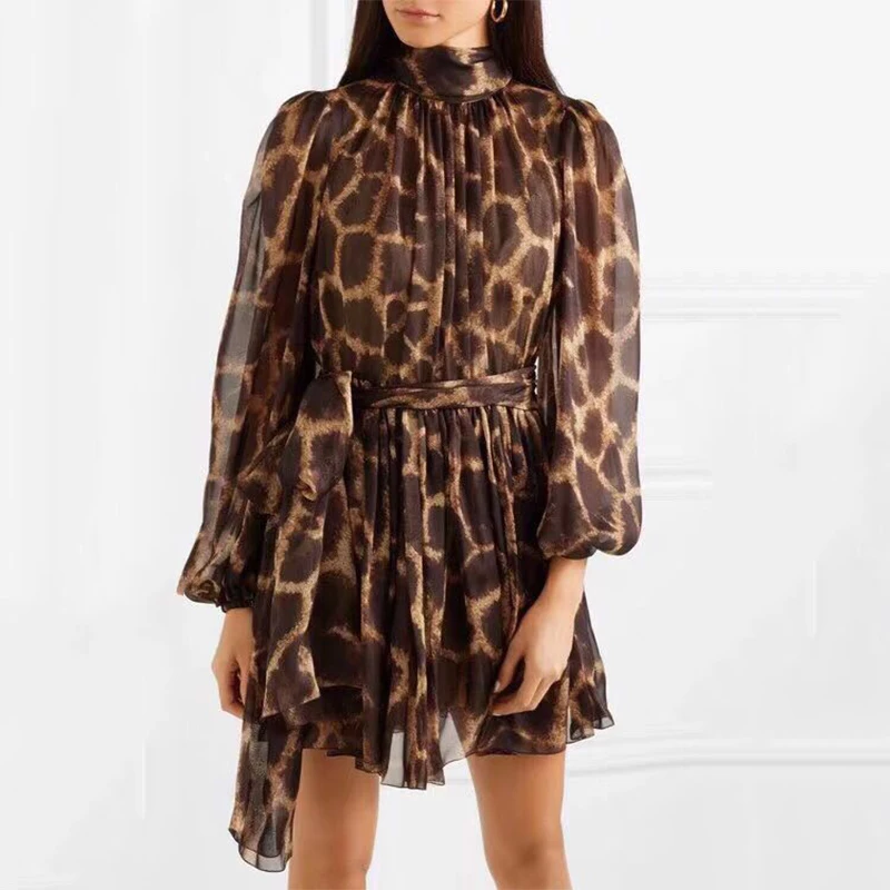 TWOTWINSTYLE винтажное леопардовое платье для женщин со стоячим воротником, на шнуровке, с бантом, высокая талия, пышные рукава, мини платья для женщин, новинка