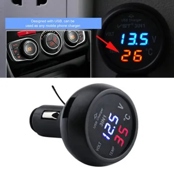 

3 in 1 Auto Digital LED Thermometer Voltage Detection Table USB Car Charger Cigarette Voltmeter Meter Multifunctional