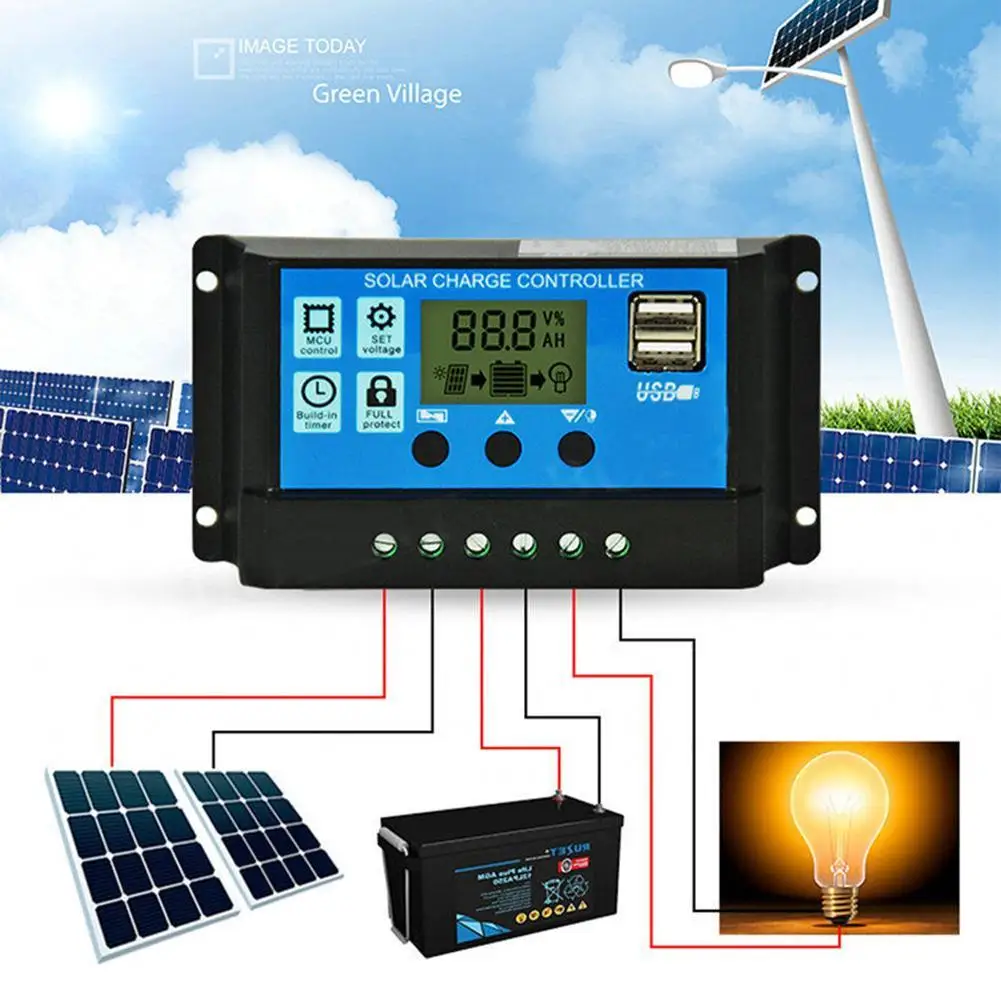 Контроллер заряда солнечной батареи 10A 20A 30A 12 В 24 режимы Auto PWM LCD Dual USB 5 выход панели