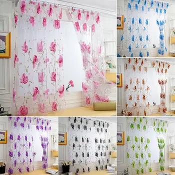 

1Pc Flower Window Door Curtain Polyester Panel Drape Balcony Decor Living Room Voile Valance Home Window Kitchen Shower Curtains