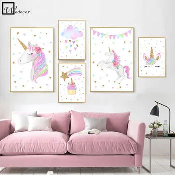 

Unicorn Canvas Wall Art Prints Baby Nursery Poster Rainbow Canvas Painting Nordic Decoration Picture Children Kid Bedroom Decor