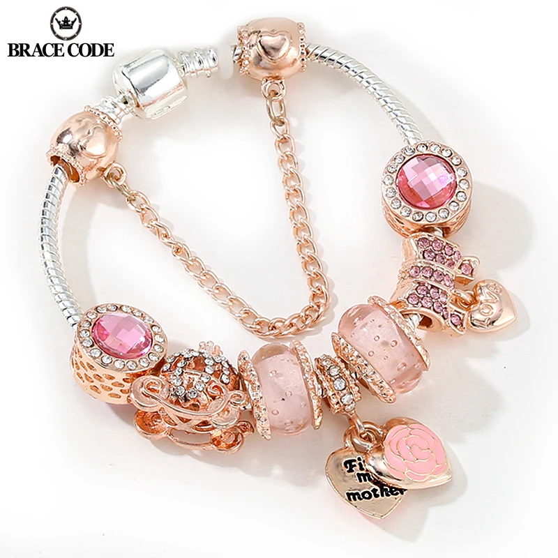 

European Rose Gold Rose Flower Pendant Charm Bracelet Fit Women's Jewellery Snake Chain Rose Gold Metal Fashion Fine Bracelets