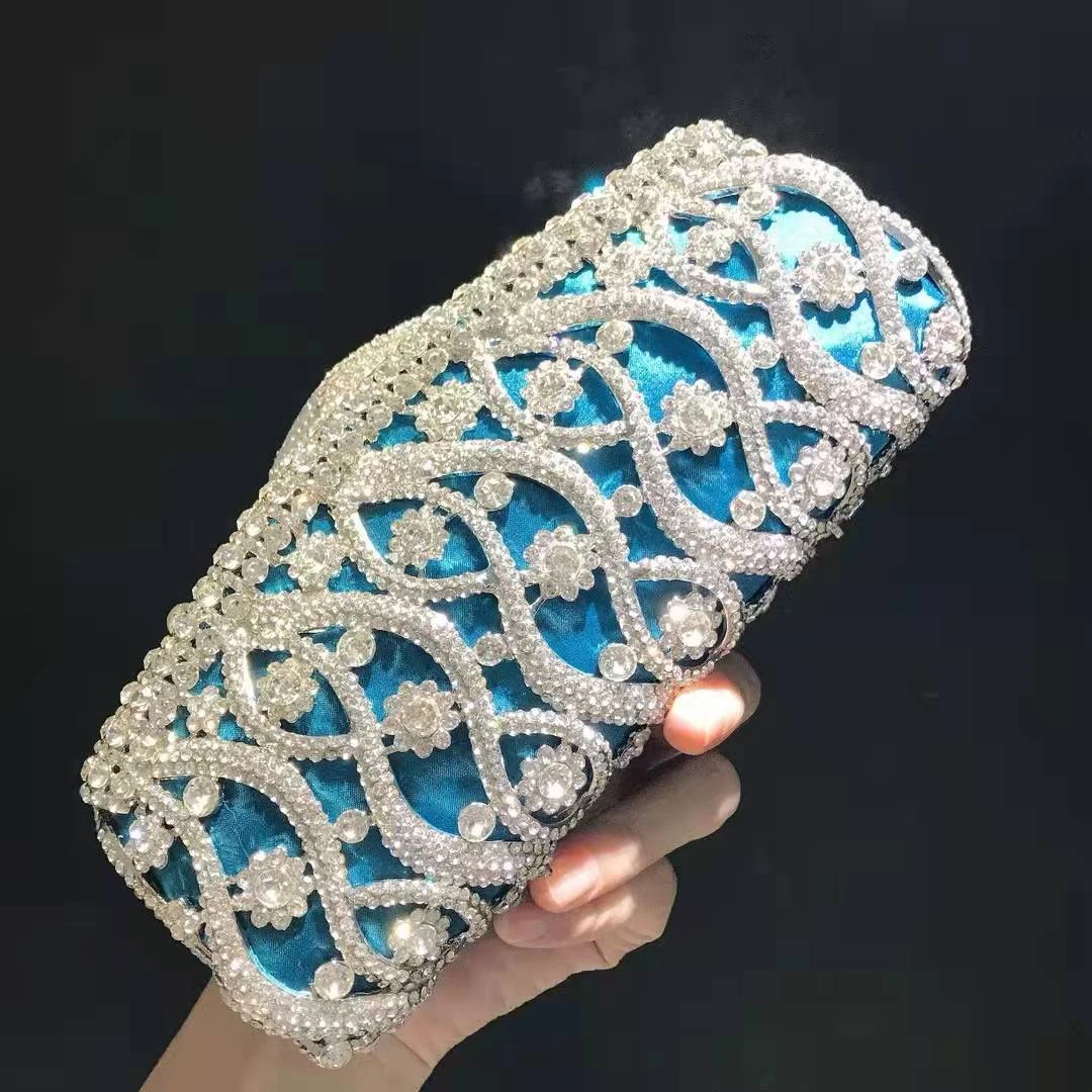 Bolso de mano con diamantes de imitación para mujer, cartera de mano con piedras de Color azul/fucsia, ideal para bodas, fiestas, cenas y bodas, monedero Floral| | -
