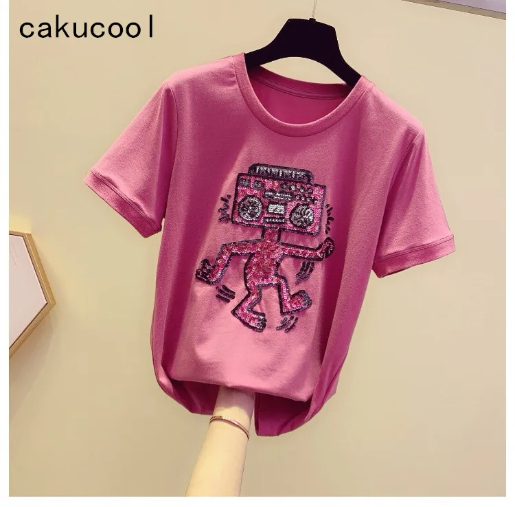 Cakucool летние футболки женские с блестками робот пуловер футболка коротким