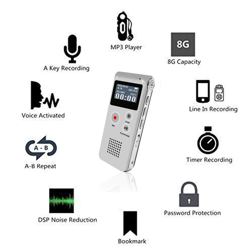 Цифровой диктофон плеер MP3 перезаряжаемый 8 Гб Смарт рекордер телефон аудио плеер Высокое качество 1 шт