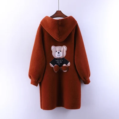 Caramel colour Зимний длинный кардиган пальто толстый теплый норковый кашемировый свитер с капюшоном женский модный мультфильм с рукавом-фонариком свободные верхняя одежда - Цвет: Caramel colour