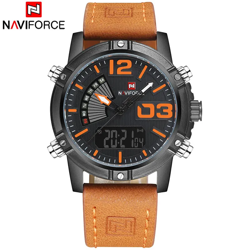 

NAVIFORCE Brand Dual Display Watch Men Sport Quartz LED Watches Leather Band Analog Digital Wrist Watches 30M Waterproof Clock