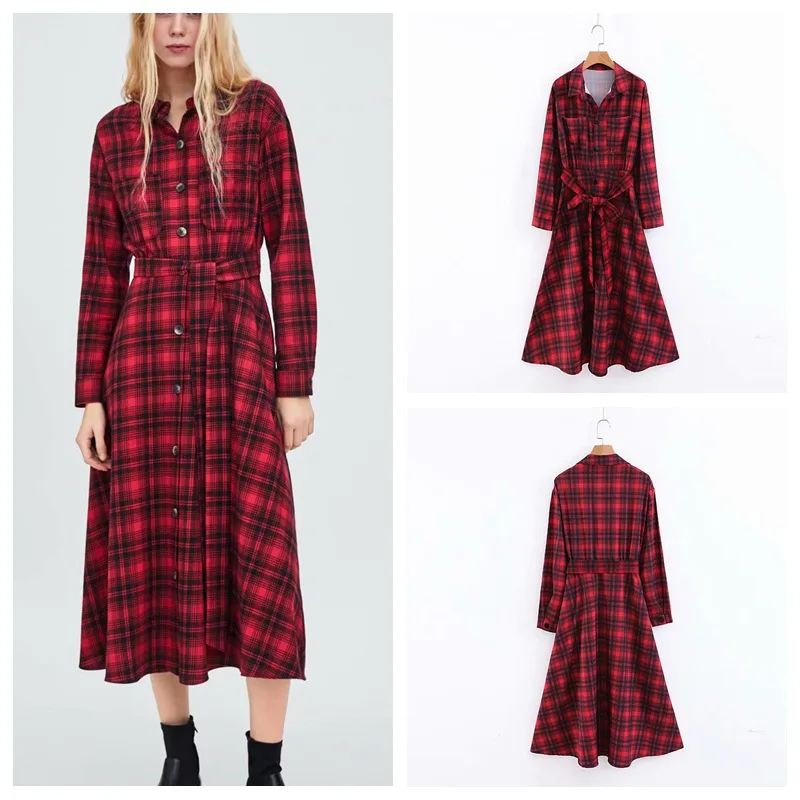 

WOMEN'S Dress Red Plaid Midi Dress And Shank Loose-Fit Lace-up Waist Hugging Long Sleeve Shirt Dress