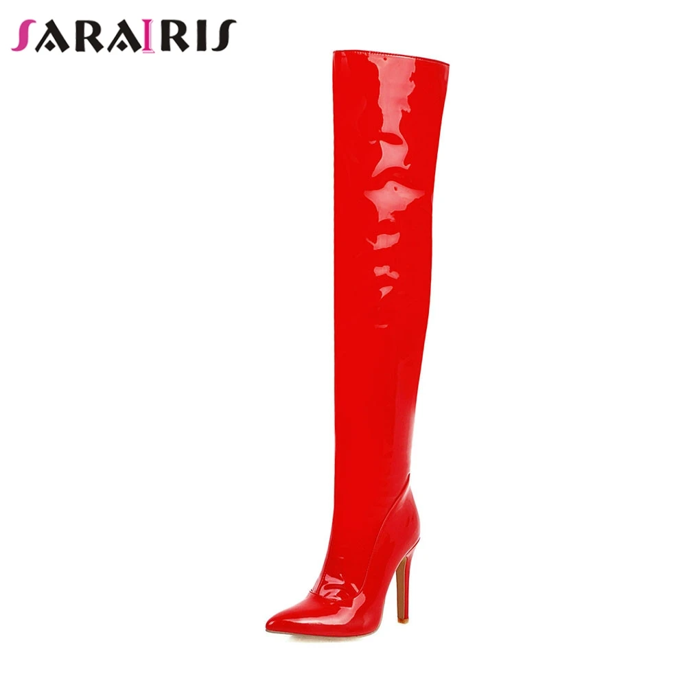 

SARAIRIS New Plus Size 32-48 Brand Patent Pu Thigh High Boots Pointed Toe High Heels Shoes Woman Party Sexy Over The Knee Boots