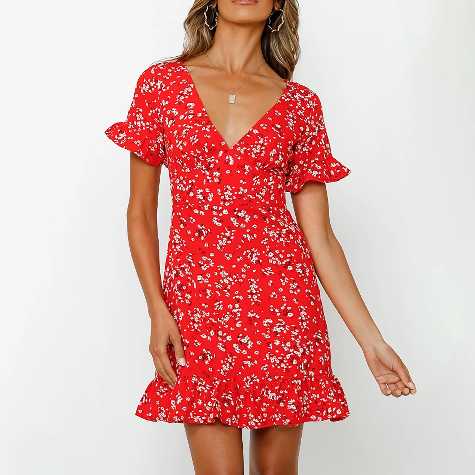 2021 Summer Fashion Ladies Dresses Loose Casual Women's V Neck Dress Printed Ruffle Slim Short Sleeve Dresses Vestido Mujer 2