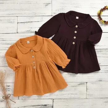 

0-4T Spring Baby Girl Dress Boutique Long Sleeve Cotton Ruffle Solid Baby Dress Casual Baby Girl Clothes Infant Kids Outfit