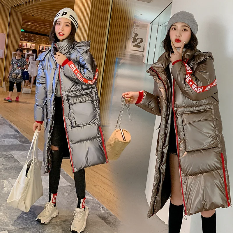 

2019 down Jacket Women's Winter Korean-style Bright Surface Joint Mid-length Cotton Coat Students Cotton Overcoat Women's
