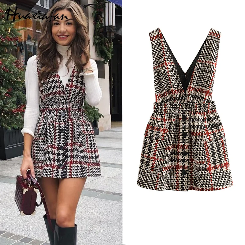 Huaxiafan Women Winter Vest Dress Plaid Houndstooth Deep V Neck Button Pocket Women Mini Dress High Eleastic Waist Vest Dresses Huaxiafan Women Winter Vest Dress Plaid Houndstooth Deep V Neck Button Pocket Women Mini Dress High Eleastic Waist Vest Dresses