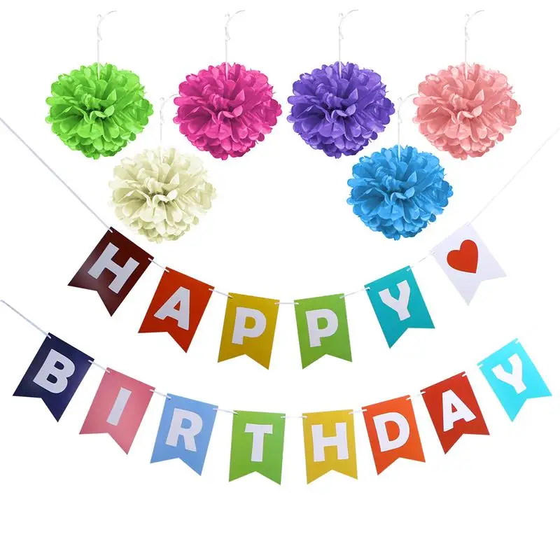 

HAPPY BIRTHDAY Decorative Rainbow Banner with Tissue Poms Birthday Party Supplies Birthday Flag Paper Flower Ball Suit