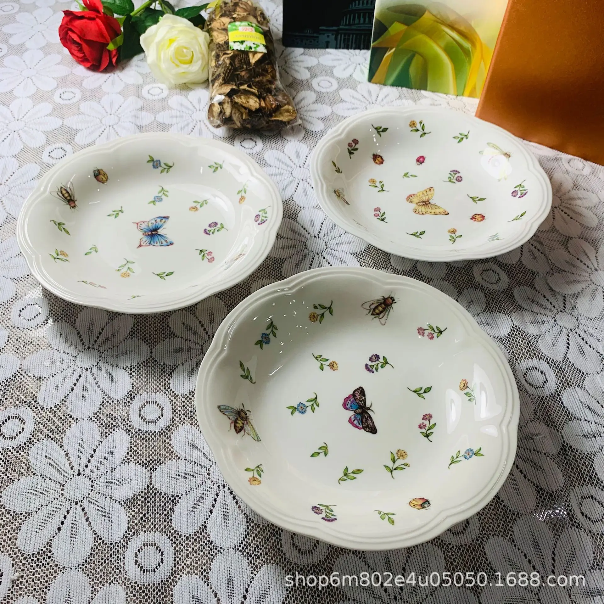 

Retro creative ceramic tableware garden insect Dragonfly butterfly bee broken flower Western food plate soup plate