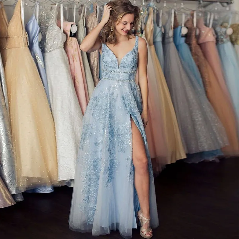 light blue lace formal dress