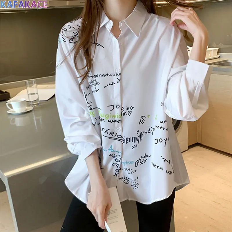

KAFAKACE 2020 Blouses Shirts Women Pattern Print Loose White Autumn Lady Office Elegant Vintage Blouse Fashion New Clothing