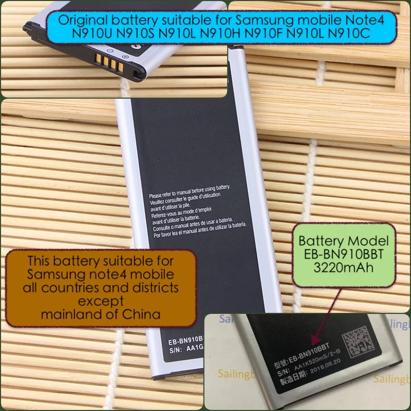 

Original battery suitable for Samsung mobile Note4 N910U N910S N910L N910H N910F N910L N910C with battery model EB-BN910BBT