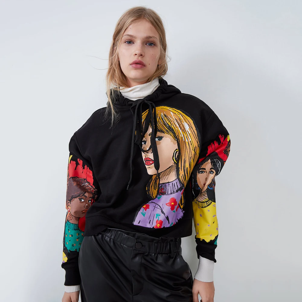 

Trendy ZA Print Short Black Sweatshirt for Women Adjustable Hood Long Sleeve Contrast Stitching Print Sweatshirt Wholesale