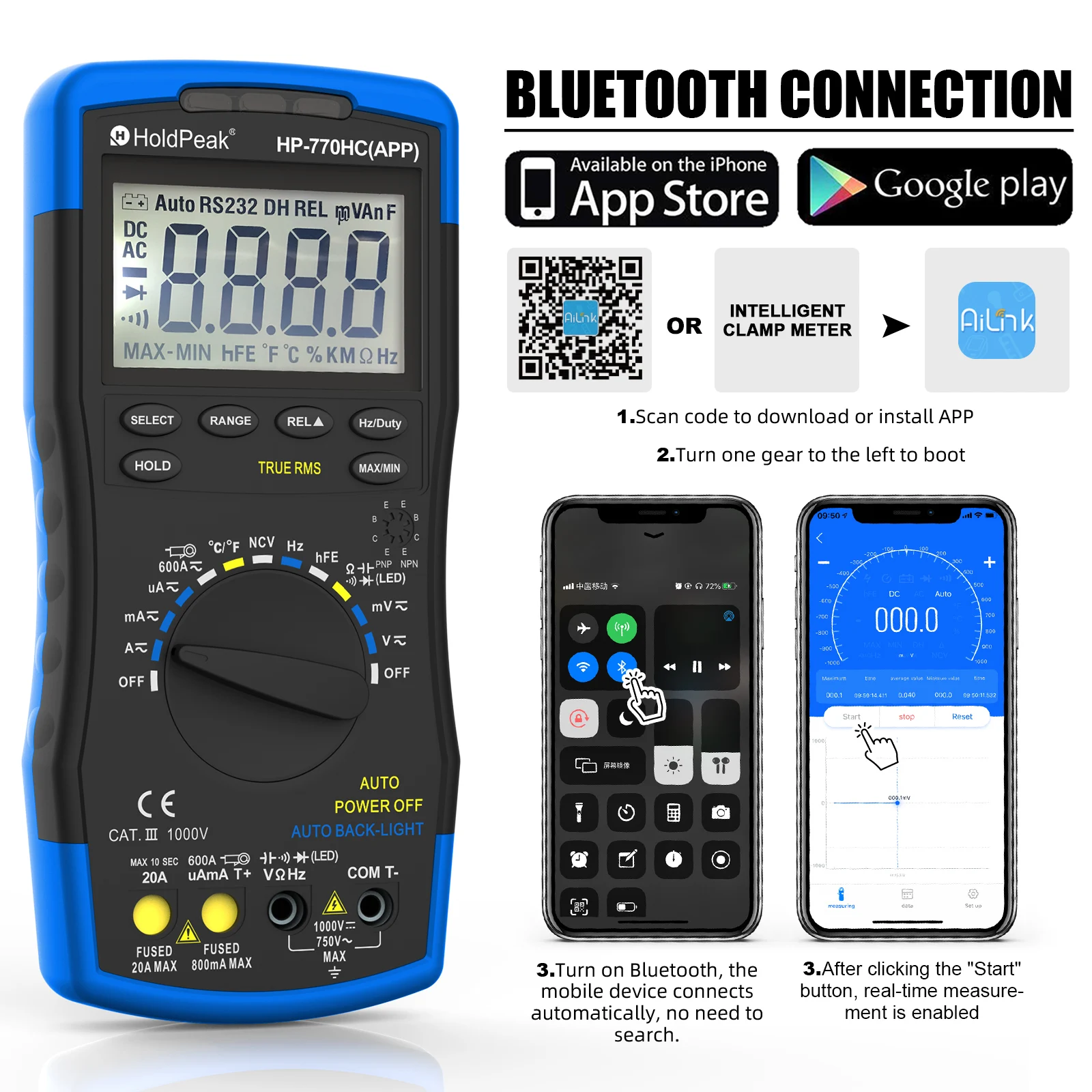 HOLDPEAK Bluetooth Auto Ranging Digital Multimeter HP-770HC-APP True RMS with NCV Feature and Temperature/Duty Cycle Test