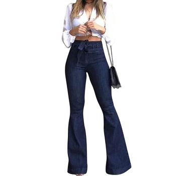 

Fashion High Waist Elastic Tie Flared Pants For Women Classic Denim Bell Bottom Jeans New Skinny Jeans D30