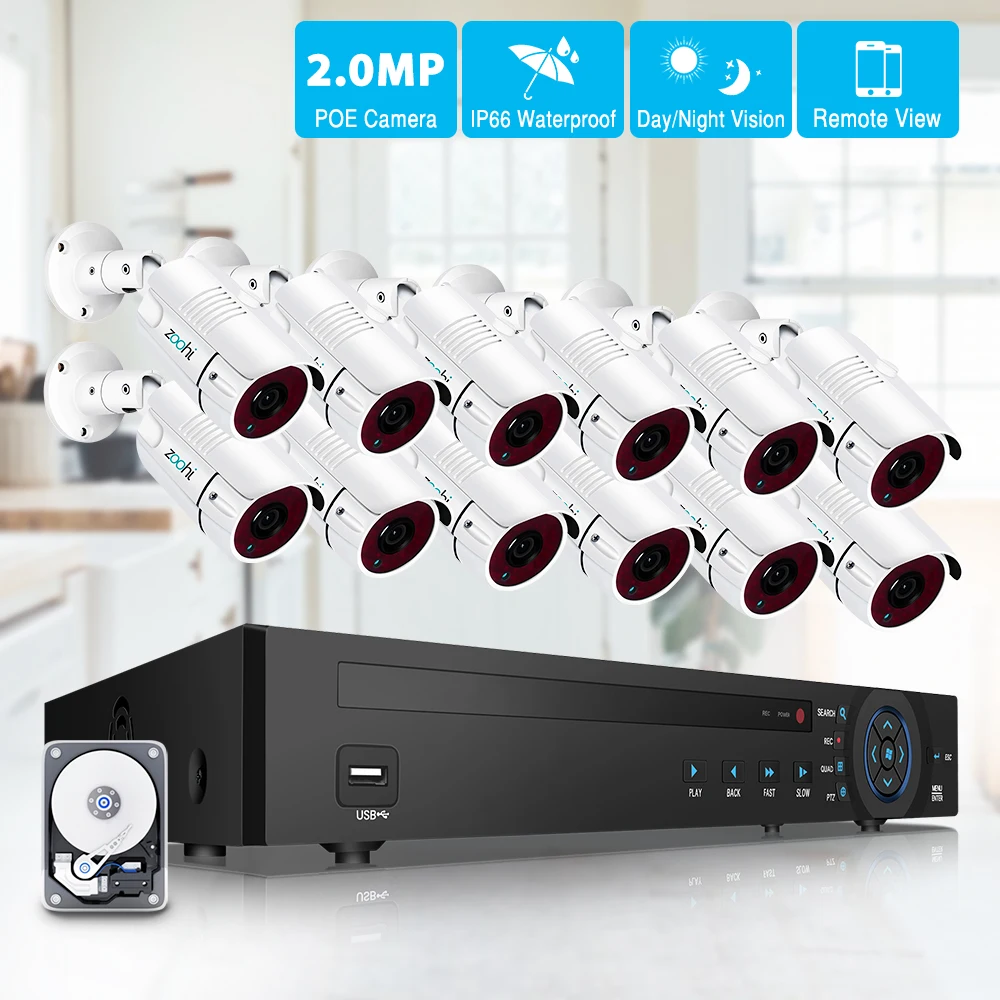 

Zoohi 1080P 12CH Video Surveillance Kit Security Camera System Outdoor CCTV Camera Security System Kit POE Camera System IP66
