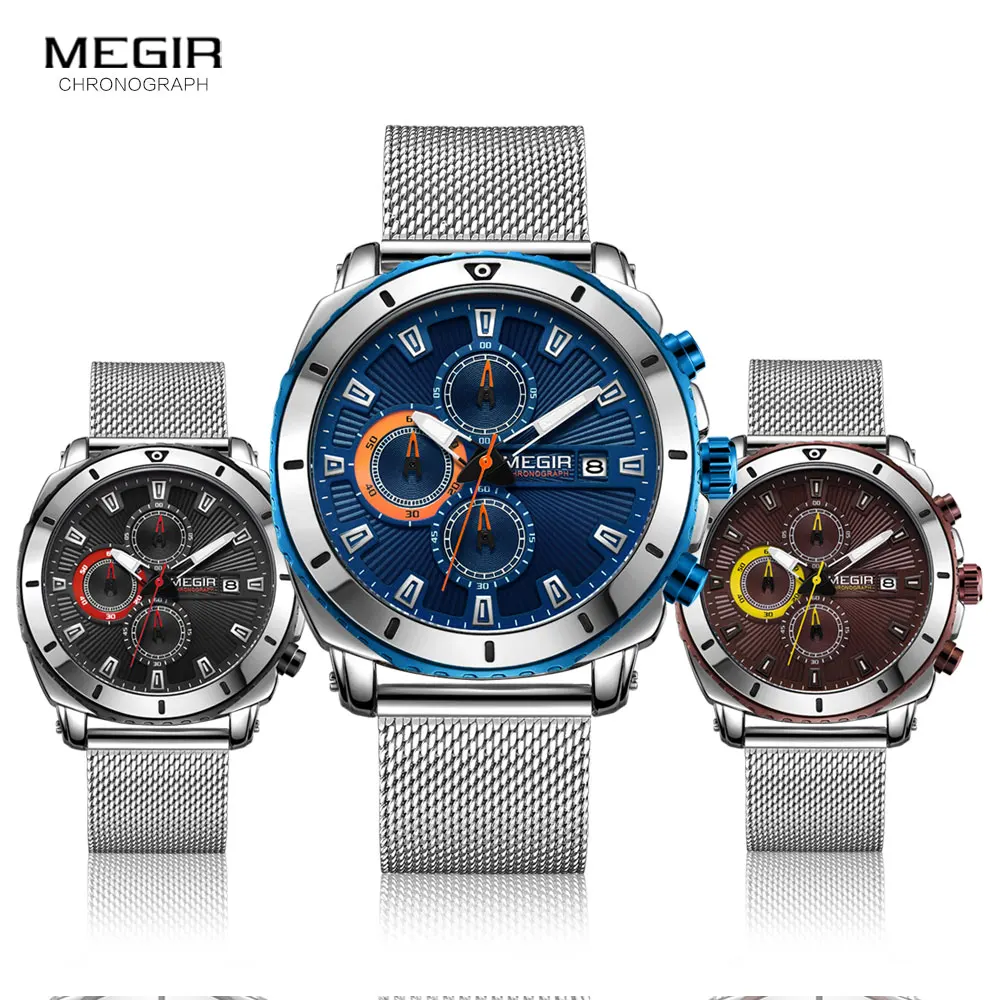 Megir Watches Men 2020 Luxury Mesh Strap Business Quartz Watch for Man Top Brand Waterproof Army Sport Wrist Watches Blue Face images - 6