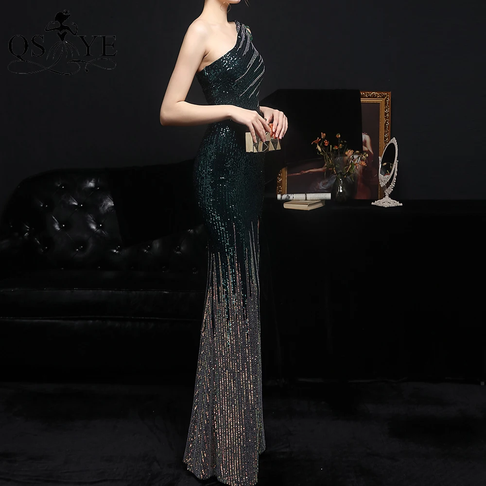 dark green prom dress Crystal One Shoulder Prom Dress Sequin Mermaid Burgundy Evening Gown Sexy Split Beading Straps Fade Sequin RedFormal Party Gown black prom dress