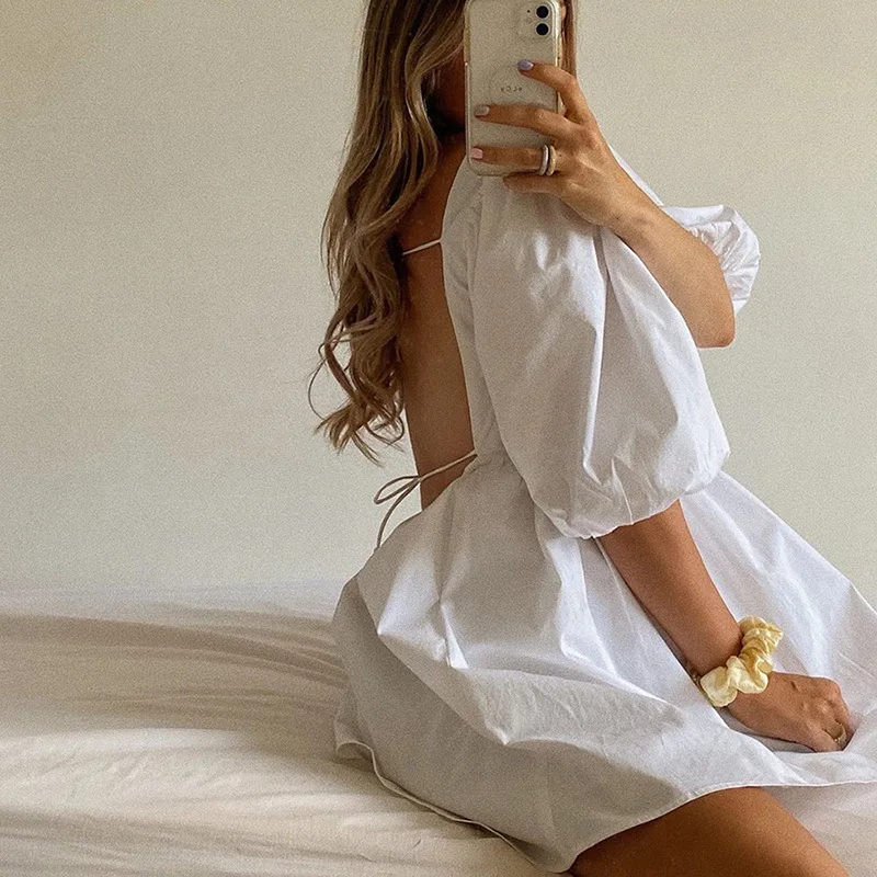 NEDEINS Women Summer Dress Summer Fashion White Elegant Puff Sleeve Backless Party Beach Dress Vacation Casual Mini Dress