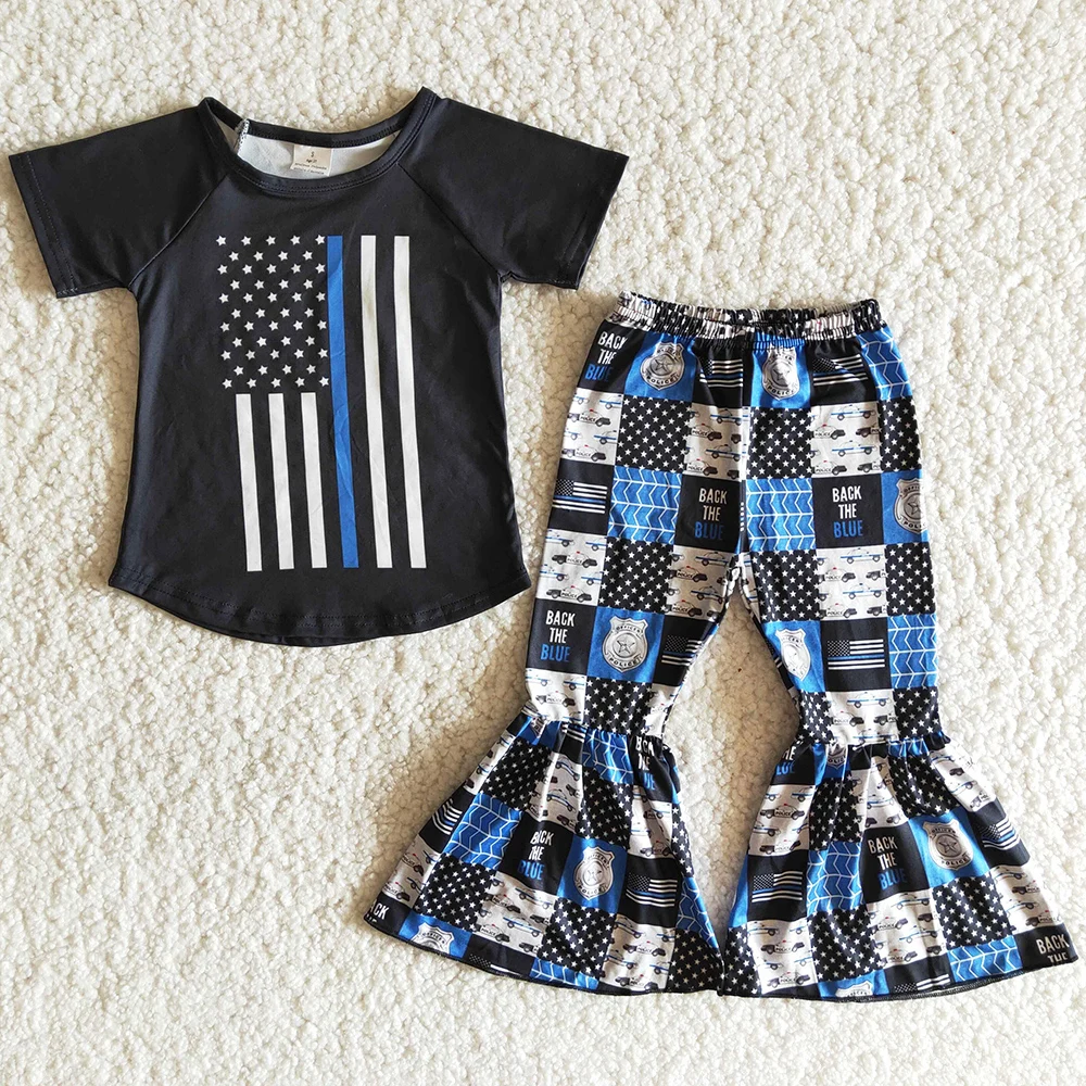 

Wholesale Baby Girl Clothes Banner Print Boutique Kids Clothes Girls Bell Bottom Outfits Cute Spring Summer Children Clothes Set