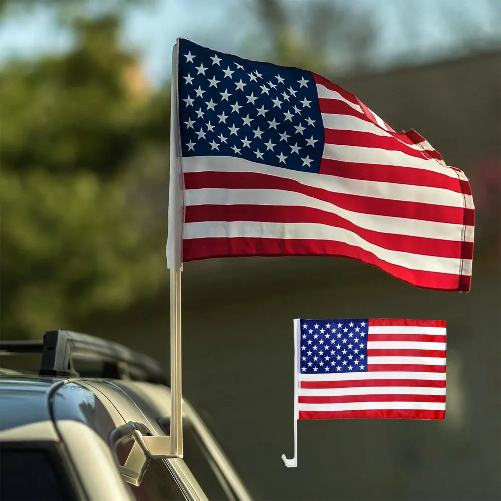 zwjflagshow 30x45cm 2pcs American car flag 12x18inch USA window flag bearer standard-bearer waving flags with plastic flagpole