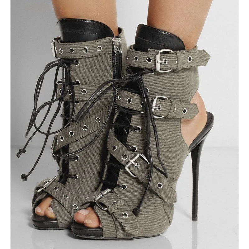 

Sexy Buckle Strap Patchwork Hemp Ankle Boots Gladiator Slingback Women Lace-up High Heels Peep Toe sandals boots mujer zapatos