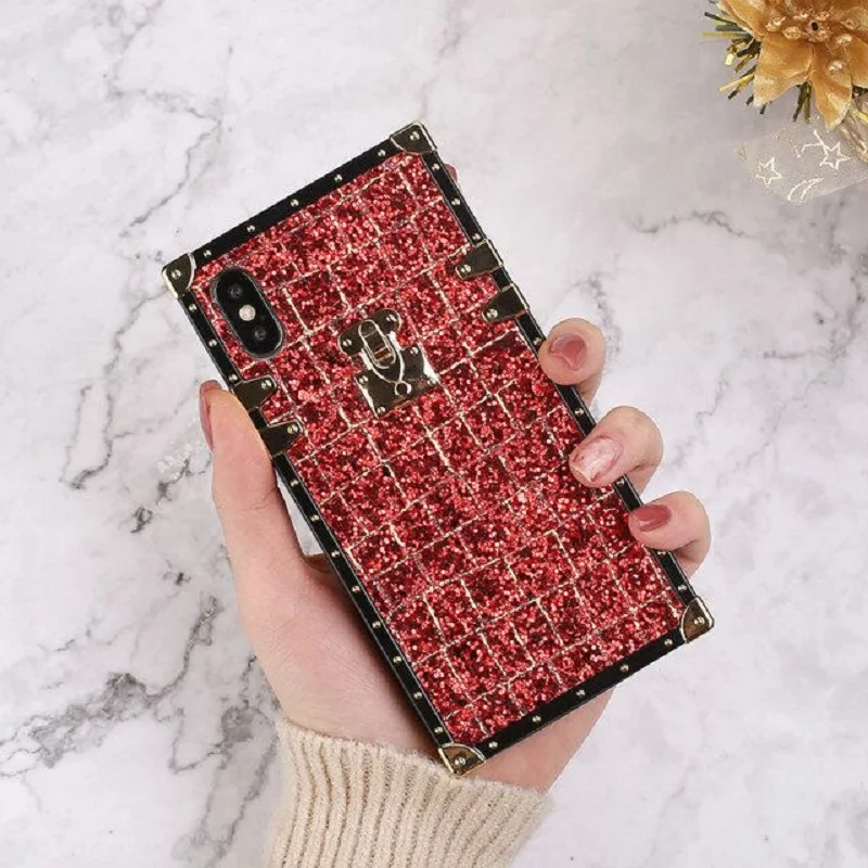 Glitter Metal Square Case for iPhone 8 7 6s Plus X XR XS Max Plaid Shiny Powder For Samsung Galaxy S8 S9 S10 Plus Note 8 9 Cover (12)