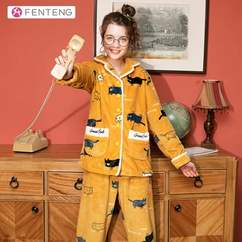 

FENTENG Spring Women Suit Pajama Homewear Cardigan Long Sleeves Sleepwear Clothing Yellow Suit Warm J98041880