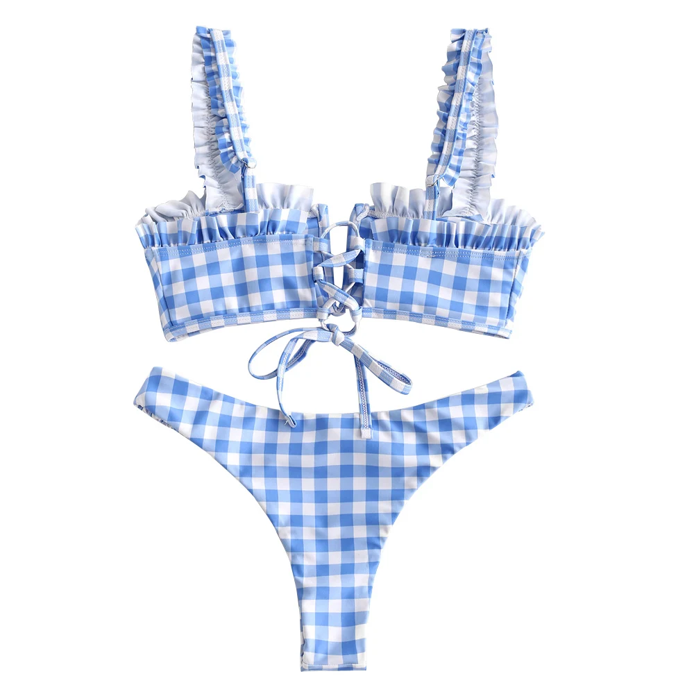 ZAFUL Plaid V Wired Ruffle Bikini Set For Women Wire Free Straps Swimsuits Low Waisted Padded Summer Two Pieces Bathing Suits ZAFUL Plaid V Wired Ruffle Bikini Set For Women Wire Free Straps Swimsuits Low Waisted Padded Summer Two Pieces Bathing Suits