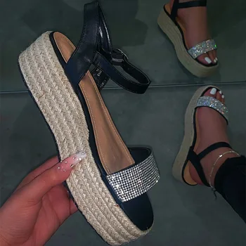 

Women Hemp Platform Outdoor Beach Sandals High Heel Ladies Sexy Bling Sandals Leisure Buckle Slippers Summer Shoes 2020