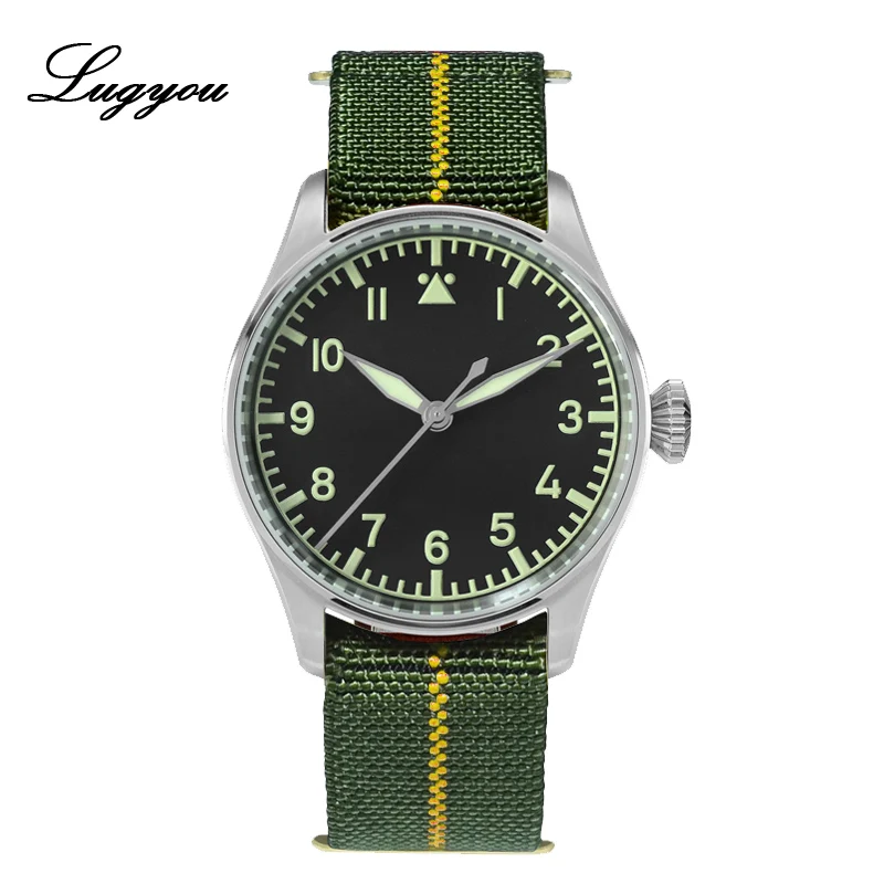 Lugyou San Martin Pilot Flieger механические мужские часы из нержавеющей стали Супер Светящиеся сапфировые кристаллы Скелет сзади эластичный нейлон - Цвет: Black PT5000