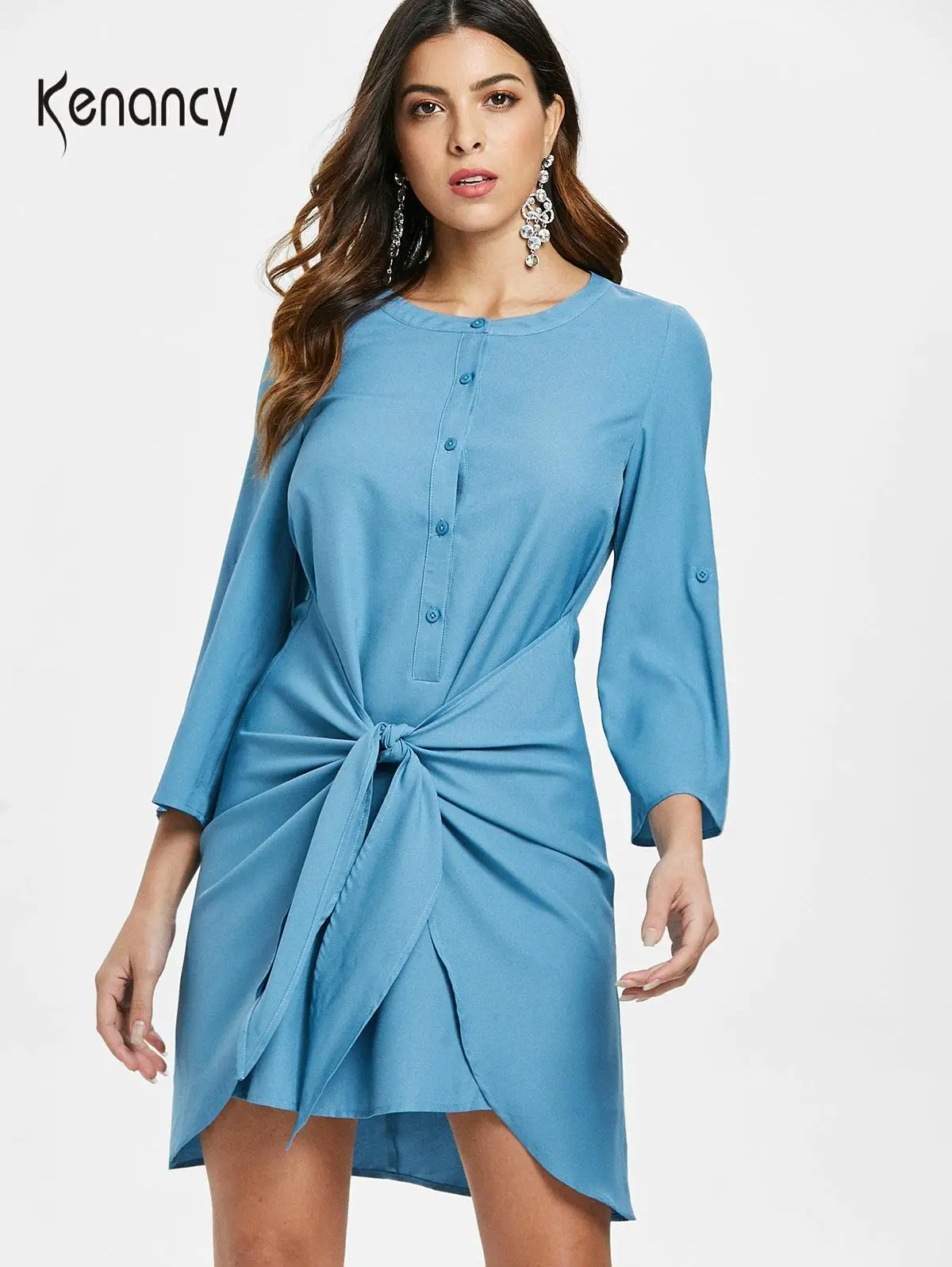 Женское мини-платье Kenancy однотонное Повседневное платье с длинным рукавом и