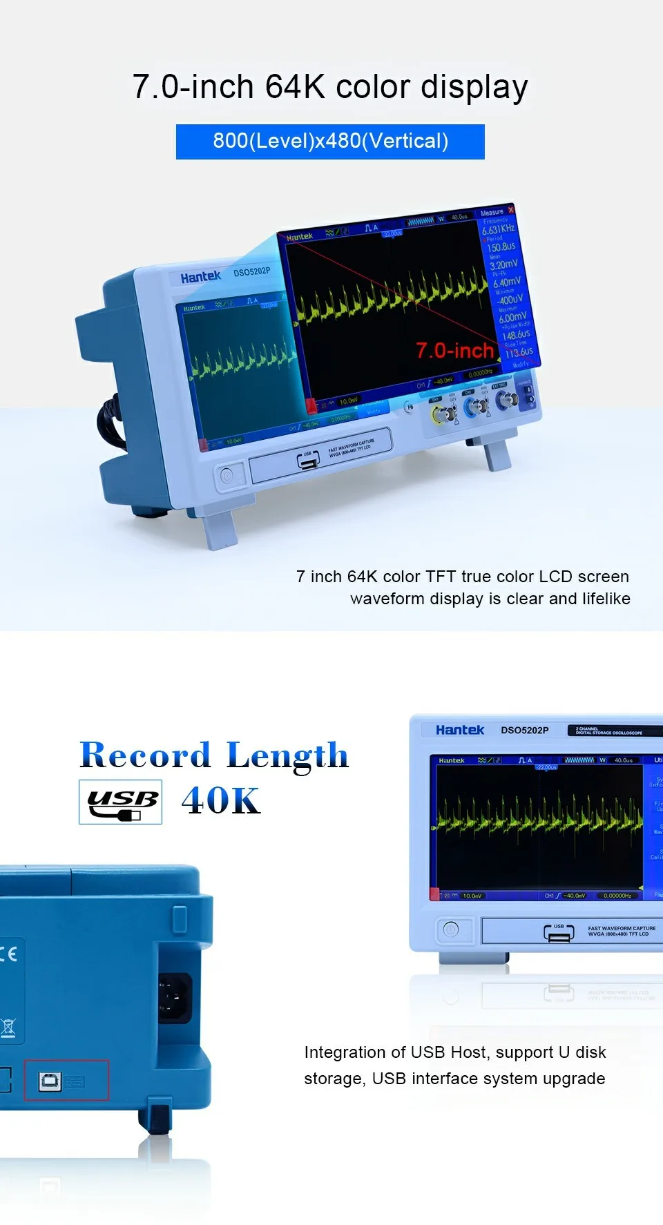 Hantek DSO5202P цифровой осциллограф 200 МГц 2 канала 1GSa/s " TFT ЖК-дисплей запись Длина 40 К USB AC110-220V рабочего стола osciloscope