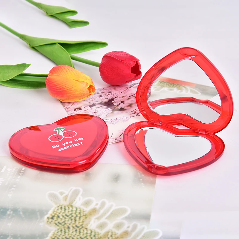 1PC Double-Sided Folding Cosmetic Mirror Pocket Mirror Portable Women Gifts Heart Shaped Cherry Mini Makeup Mirror Compact