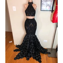 Сексуальное черное платье русалки для выпускного вечера из двух частей с высоким горлом и кружевным цветочным шлейфом, праздничная одежда, вечерние платья под заказ CP376