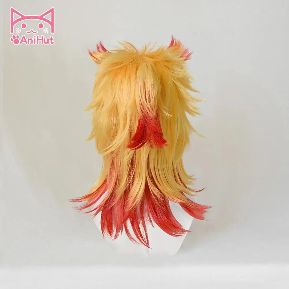 Online AniHut Rengoku Kyoujuro peluca Kimetsu no Yaiba demonio Matador Cosplay sintético resistente al calor pelo Rengoku Kyoujurou Cosplay