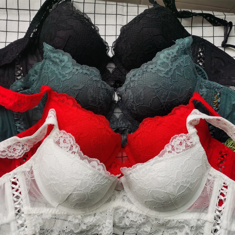 2021 New Push Up Lace Bra and Panties Set Underwear with Bandage Medium Lined Women Lingerie A B C D Cup White Red Black Green red underwear set